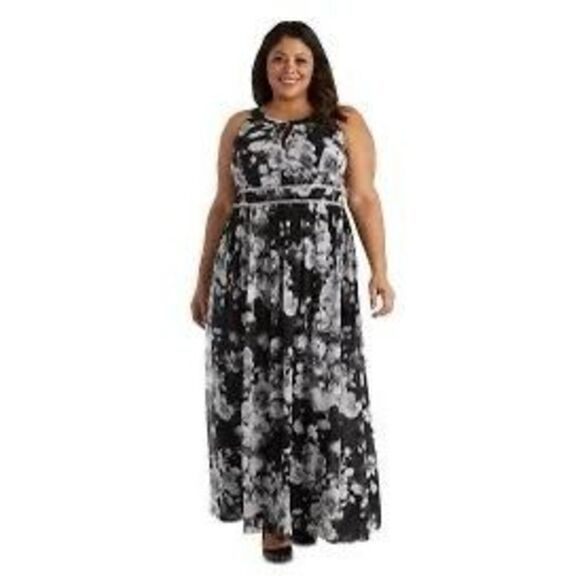 Woman Within Plus Size 3X Chiffon Halter Maxi Dress Black Blue Abstract Floral - Picture 1 of 9
